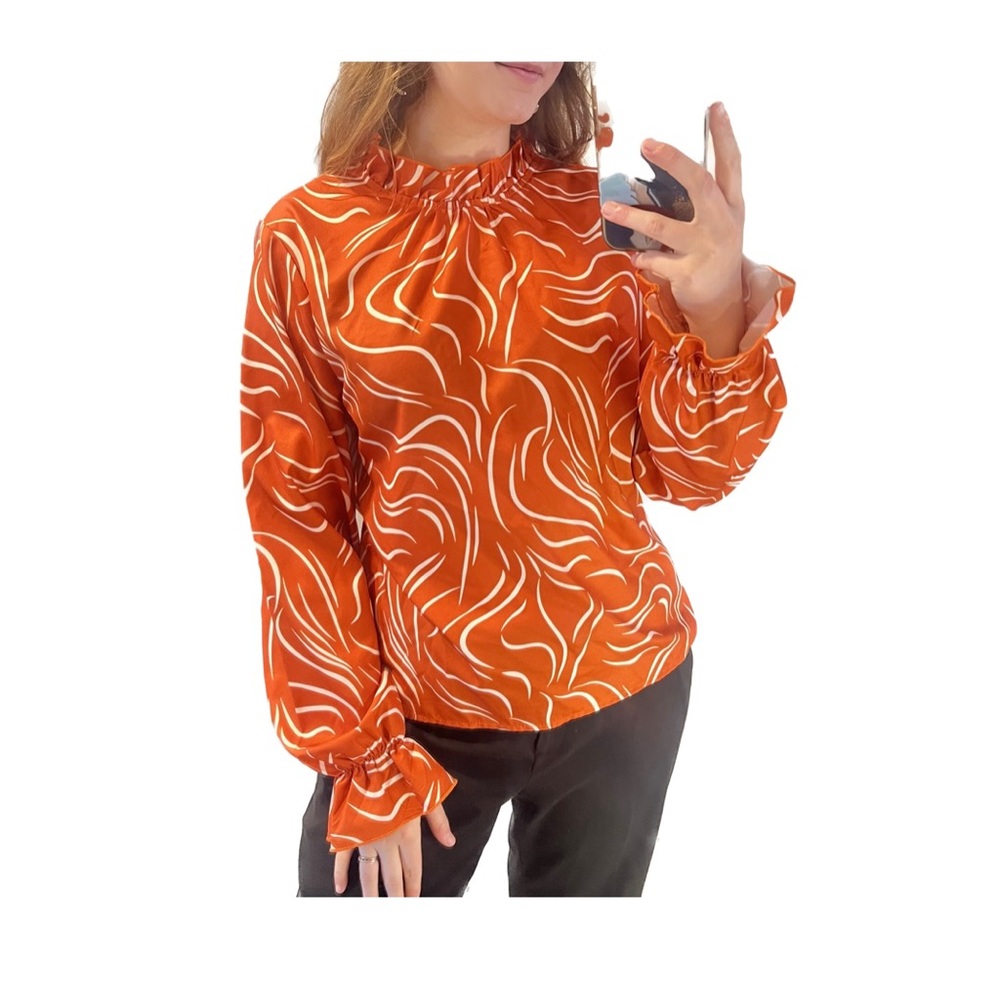 SHEIN High Neck Blouse Women's Ruffle Sleeve Casual Women’s Long Sleeve Orange